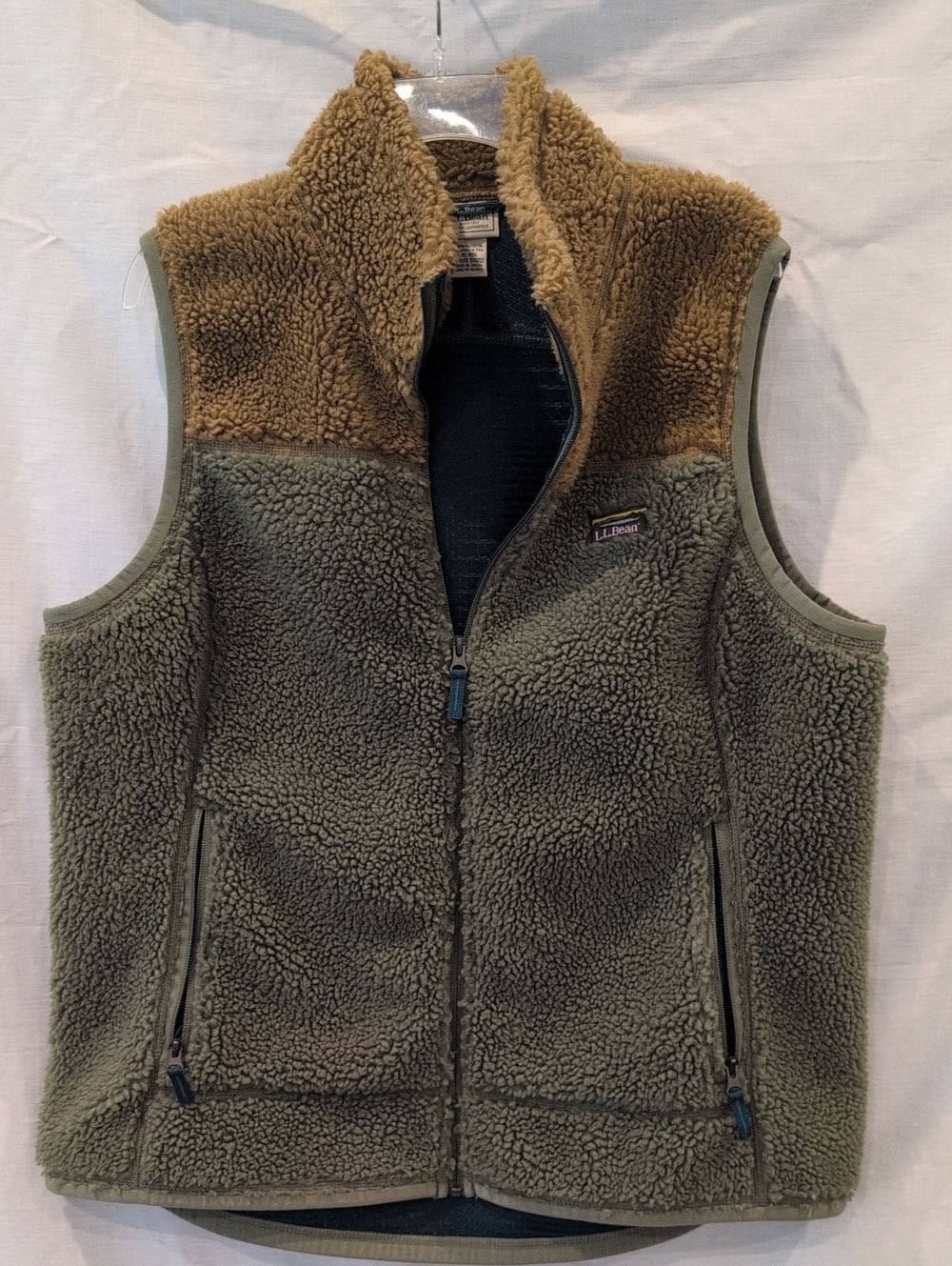 L.L.Bean Two-Tone Sherpa Vest in Olive Green & Camel